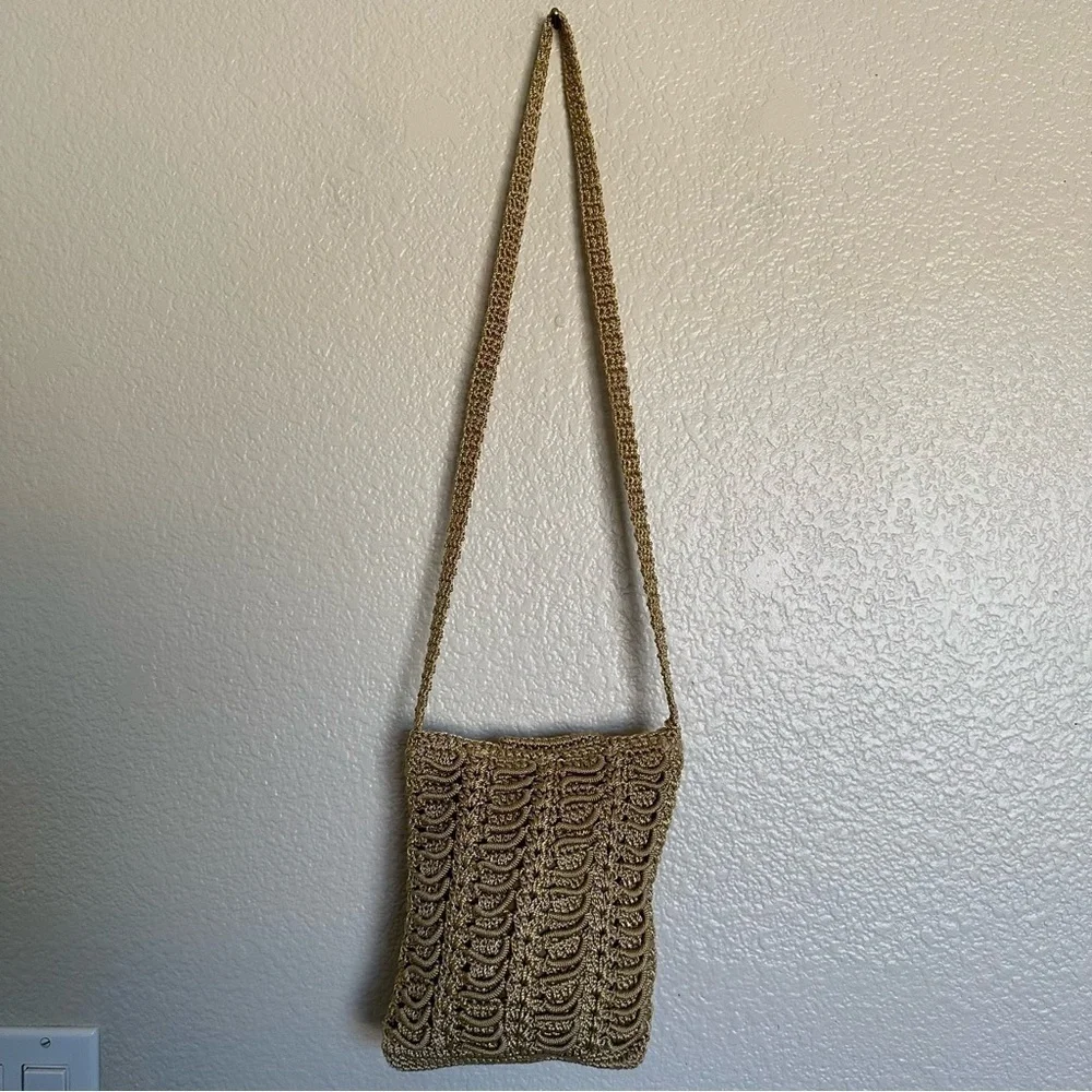 Vintage Handmade Crochet Floral Gold Cross Bag